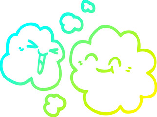 cold gradient line drawing of a cartoon white happy clouds
