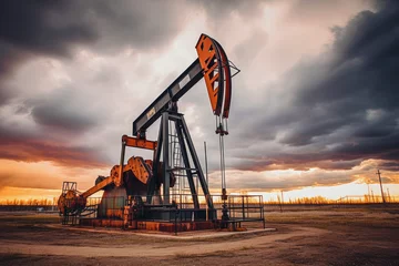 Fotobehang pumping unit drives the reciprocating motion necessary for oil extraction, surrounded by other drilling equipment, Generative AI © gankevstock