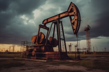 pumping unit drives the reciprocating motion necessary for oil extraction, surrounded by other drilling equipment, Generative AI