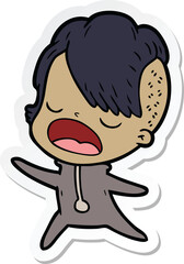 sticker of a cartoon cool hipster girl talking