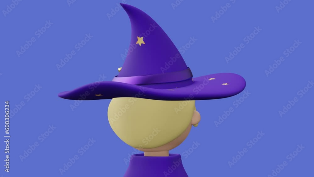 Poster young wizard in hat with star smiling. abstract loop animation