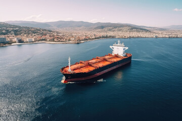 tanker transporting and storing oil for shipment, during clear skies and calm sea conditions at noon, Generative AI