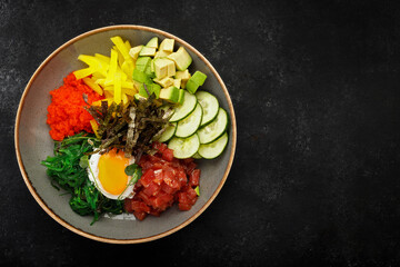 pibimpap with flying fish roe, meat, fish, and nori