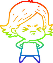 rainbow gradient line drawing of a cartoon angry girl