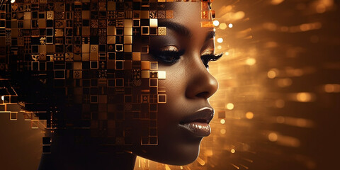 Fashion afroamerikanische Frau Gesicht mit Gold Poster Nahaufnahme, ai generativ - obrazy, fototapety, plakaty