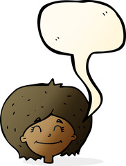 cartoon happy female face with speech bubble
