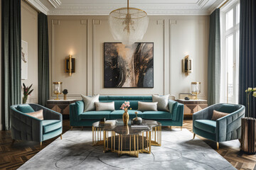 Art Deco-inspired living room with velvet upholstery, geometric patterns, gilded accents, and a crystal chandelier