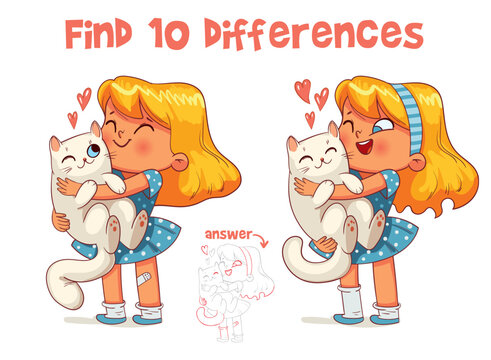 Little girl hugs kitty cat. Find 10 differences. Matching game. Educational game for children. Attention task. Colorful cartoon characters. Funny vector illustration. Isolated on white background