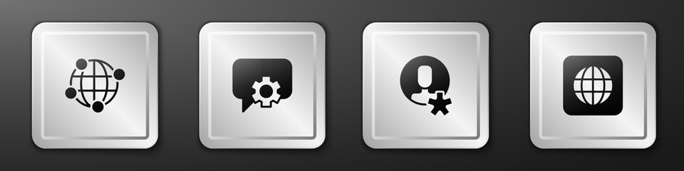 Set Global technology, Telephone 24 hours support, Elected employee and Worldwide icon. Silver square button. Vector