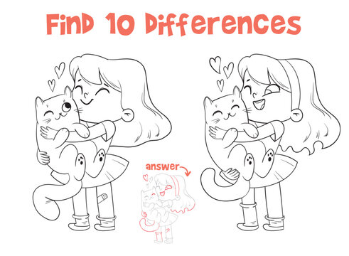 Little girl hugs cat. Find 10 differences. Matching game. Educational game for children. Attention task. Cartoon characters. Funny vector illustration. Isolated on white background. Coloring book
