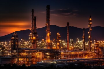 Fototapeta premium illuminated oil refinery factory works at night time, Generative AI