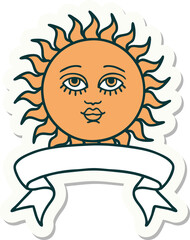 tattoo style sticker with banner of a sun with face