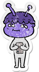 distressed sticker of a friendly cartoon spaceman