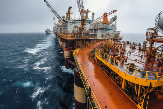 offshore oil production platform handles the storage and offloading of extracted oil onto tanker vessels. Overcast weather. Daytime, Generative AI