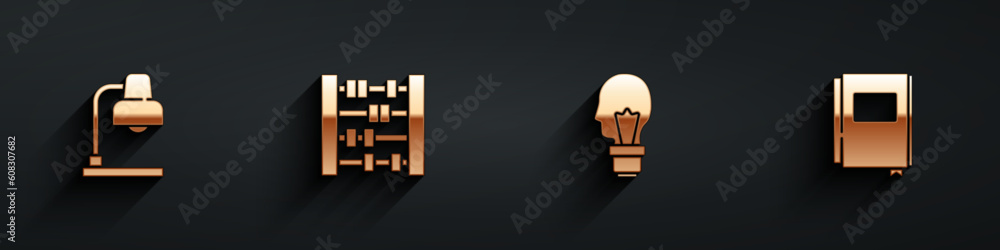 Poster set table lamp, abacus, light bulb with concept of idea and book icon with long shadow. vector