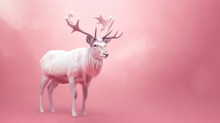 Rolgordijnen An illustration of an animal with big horns that is a symbol of Christmas. White reindeer against pastel pink background. Copy space. Generated AI. © Jasmina Stokic