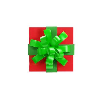 3D render gift box top view. Red box and green ribbon. Christmas, holiday, anniversary celebration package, wedding present. Vector illustration for Xmas decoration, New Year event in realistic style