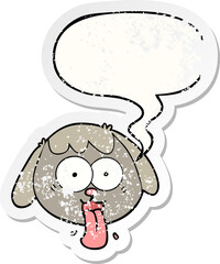 cartoon dog face panting with speech bubble distressed distressed old sticker
