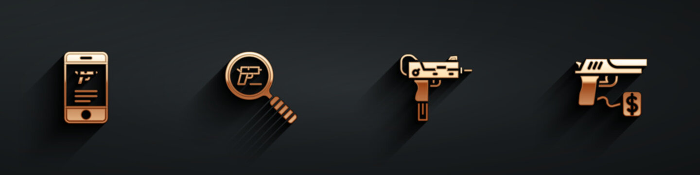 Set Shop weapon in mobile app, Pistol or gun search, UZI submachine and Buying pistol icon with long shadow. Vector