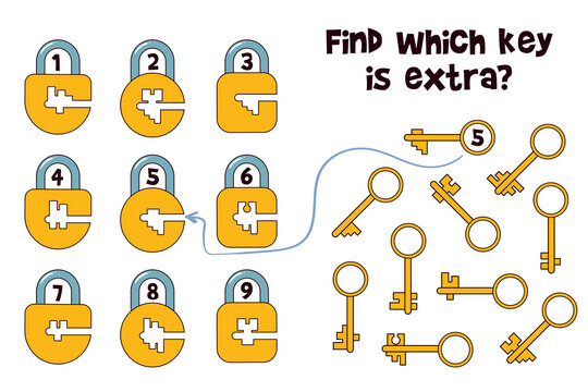 Find which key is extra. Matching game. Educational game for children. Attention task. Find the correct shadow. Choose correct answer. Find the missing piece of picture. Isolated on white background