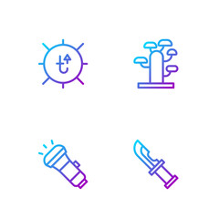 Set line Hunter knife, Flashlight, Sun and African tree. Gradient color icons. Vector