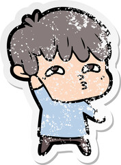 distressed sticker of a cartoon curious man