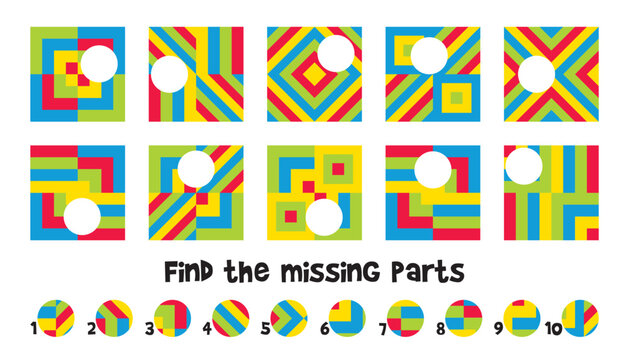 Find the missing parts. Matching game. Educational game for children. Attention task. Choose correct answer. Find the missing piece of the picture. Vector illustration. Isolated on white background