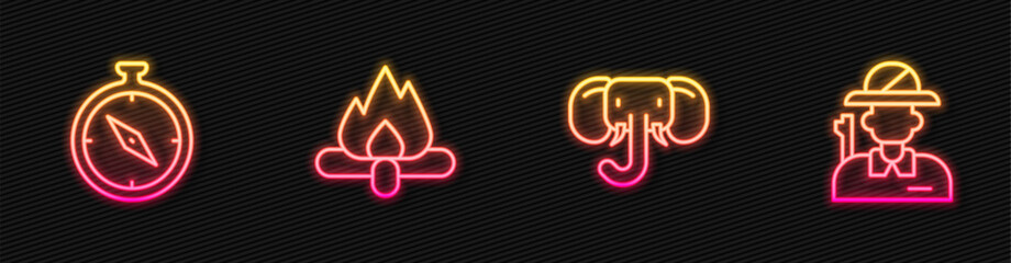 Set line Elephant, Compass, Campfire and Hunter. Glowing neon icon. Vector