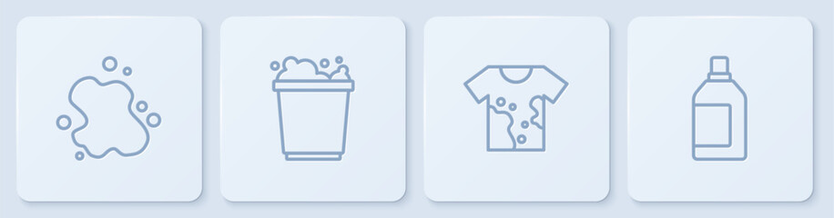Set line Water spill, Dirty t-shirt, Bucket with foam and Bottle for cleaning agent. White square button. Vector