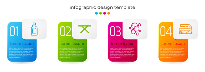 Set line Bottle for cleaning agent, Ironing board, Soap water bubbles and Brush. Business infographic template. Vector