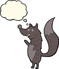 cartoon waving wolf with thought bubble