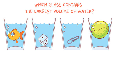 Which glass contains the largest volume of water. Educational game for children. Choose correct answer. Logic game. Cartoon characters. Funny vector illustration. Isolated on white background