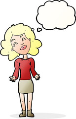 cartoon woman shrugging shoulders with thought bubble