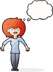 cartoon woman shrugging shoulders with thought bubble