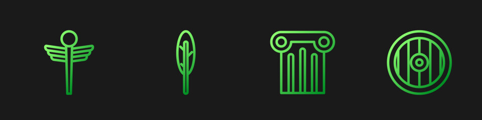 Set line Ancient column, Caduceus snake medical, Feather pen and Greek shield. Gradient color icons. Vector