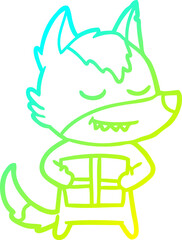 cold gradient line drawing of a friendly cartoon wolf carrying christmas present