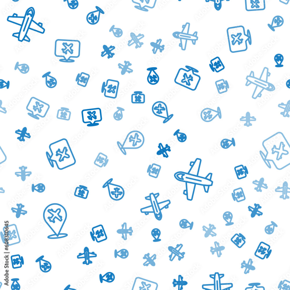 Poster set line plane, and speech bubble with airplane on seamless pattern. vector