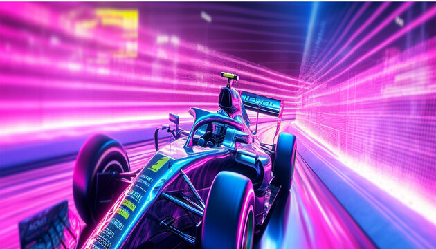 Sina A Formula 1 Race Car On Track Neon Lights Purple Blue Pink 