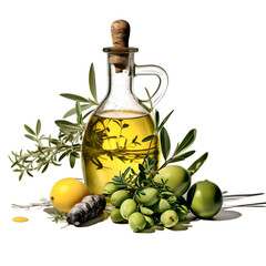 still life with a bottle of exclusive olive oil and herbs - generative ai