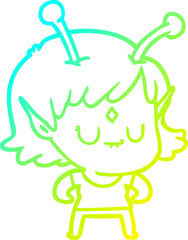 cold gradient line drawing of a cartoon alien girl