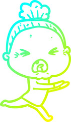 cold gradient line drawing of a cartoon angry old woman
