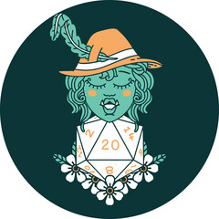 icon of half orc bard with natural twenty dice roll