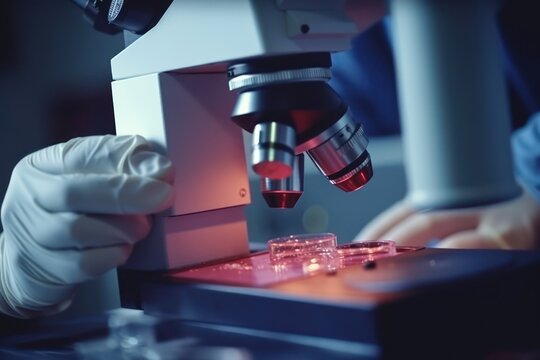 Scientist preparing blood sample for research on microscope. Generative AI