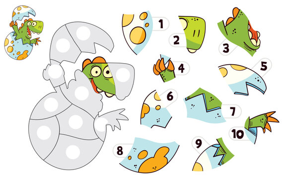 Jigsaw puzzle games. Dinosaur hatched from an egg. Matching game. Educational game for children. Attention task. Find the missing piece of the picture. Colorful cartoon character