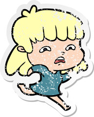 distressed sticker of a cartoon worried woman