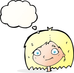 cartoon happy female face with thought bubble