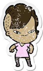 distressed sticker of a cute cartoon girl with hipster haircut