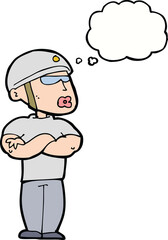 cartoon security guard with thought bubble