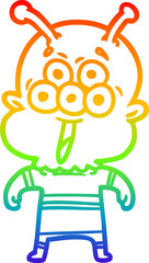 rainbow gradient line drawing of a happy cartoon alien