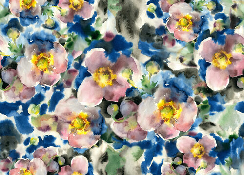 Bright fashionable textiles, fashionable floral botanical watercolor pattern, wallpaper with print, tile design, background, decor, cover in the technique of Alla prima with flowers of orchid.